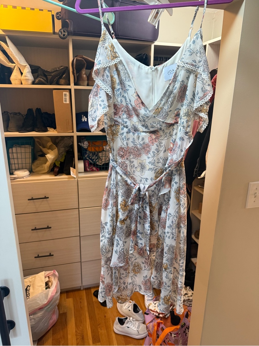 J.O.A. White Floral Ruffle Midi Dress with Pink & Gold Flowers